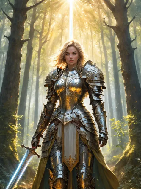 a woman in armor standing in the woods with a sword