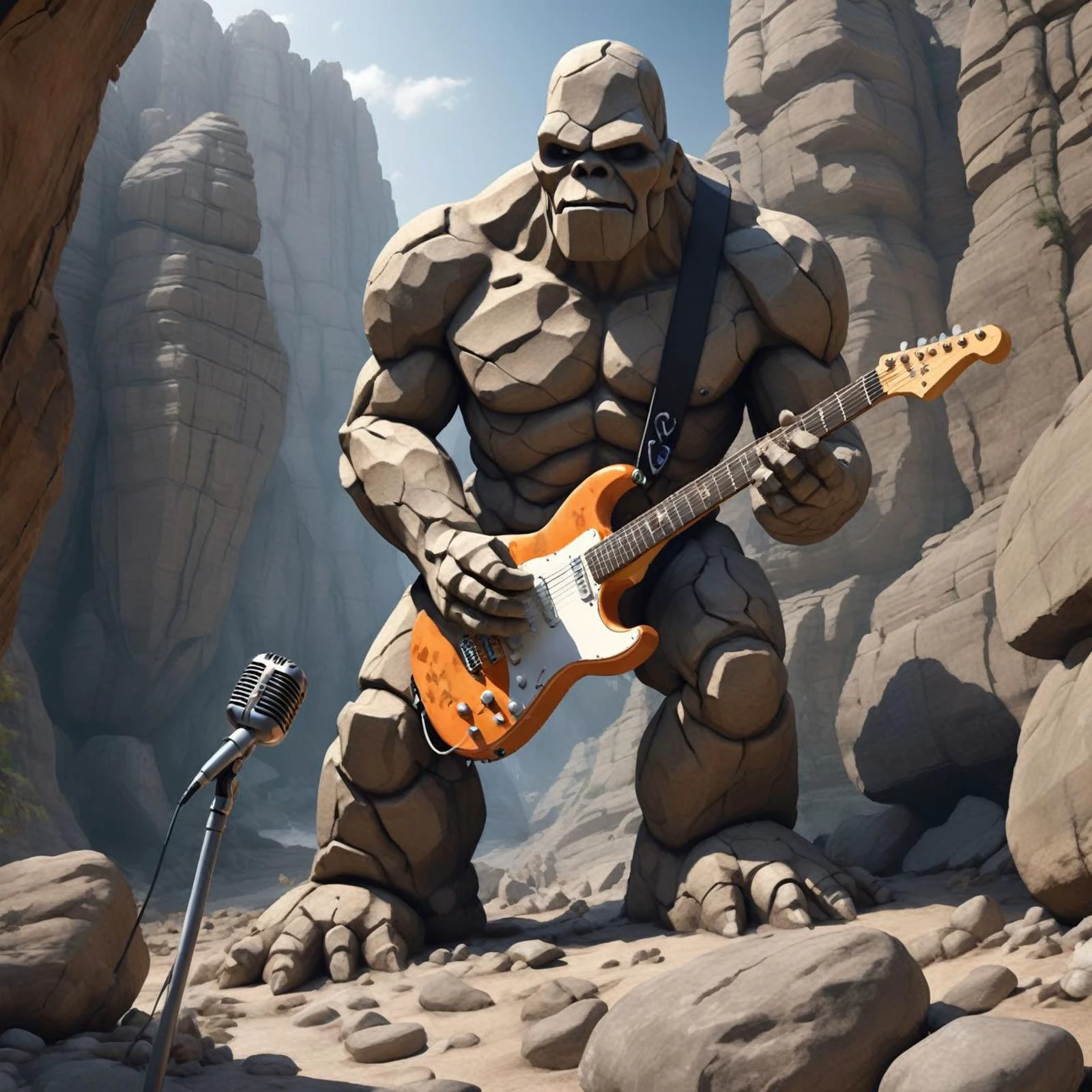 (détail exquis)1, (qualité parfaite)1, (Réflexions spéculaires)1,  un golem de rock donne un concert de rock dans un canyon rocheux plein de rocksl avec une guitare électrique et un microphone