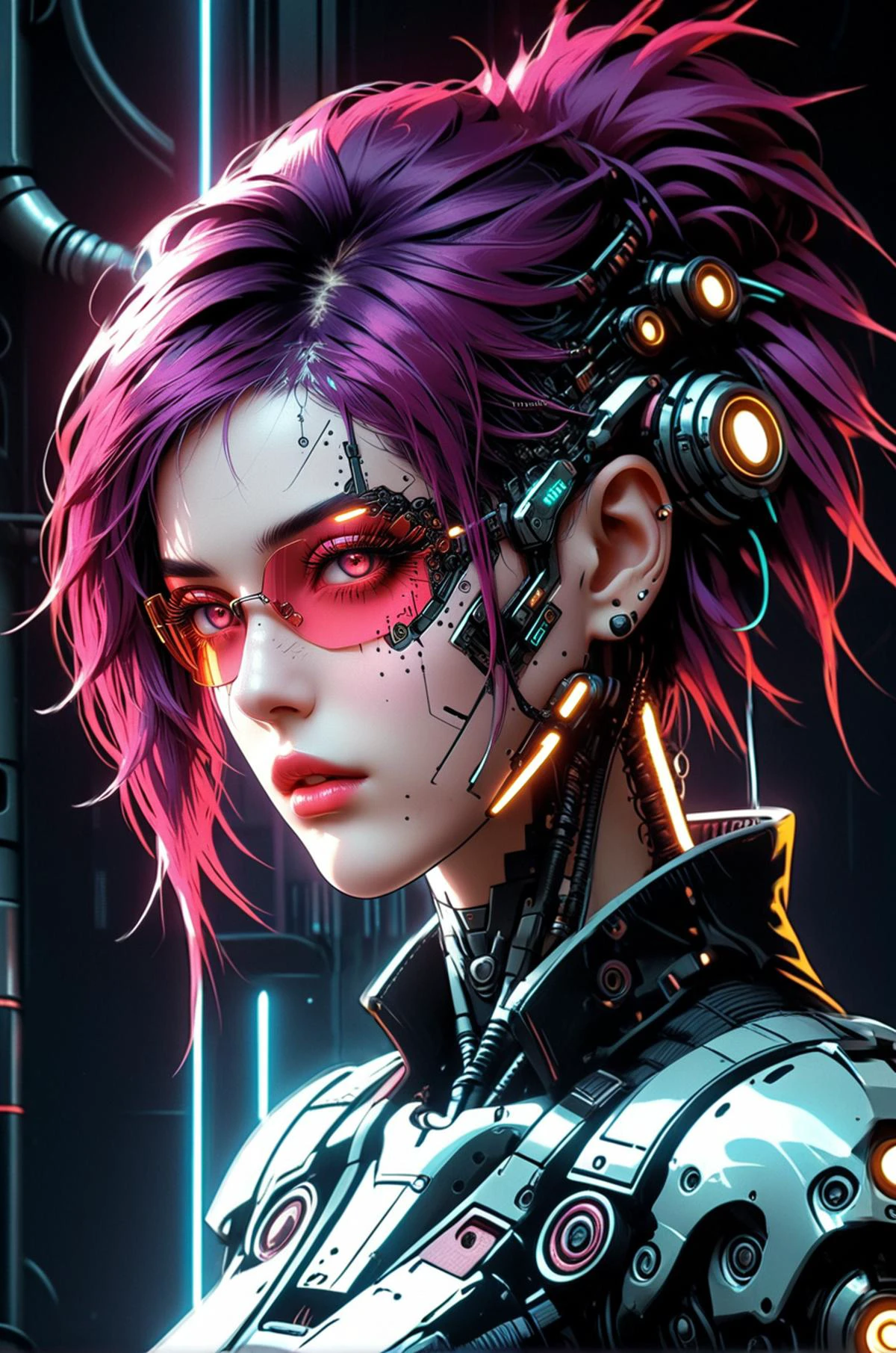 ネオンpunk style biomechanical サイバーパンク one girl, 下を向いて, ネオン hair, 映画のような photo, サイバーパンク, 劇的 lighting, 暗い background, 視聴者を見る, 高いディテール, 暗い, 神秘的, エキサイティング, 劇的, 華やかな, 詳細, 正面図 . サイバネティクス, 人間と機械の融合, ディストピア, 有機と人工の融合, 暗い, 複雑な, highly 詳細 . サイバーパンク, ヴェイパーウェイヴ, ネオン, 雰囲気, 活気のある, 驚くほど美しいです, 鮮明な, 詳細, 洗練された, モダンな, マゼンタのハイライト, 暗い purple shadows, ハイコントラスト, 映画のような, ultra 詳細, 複雑な, プロ