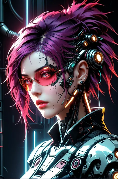 neonpunk style biomechanical cyberpunk <lora:Splash_Art_SDXL:1>, one girl, looking down, neon hair, cinematic photo, cyberpunk, ...