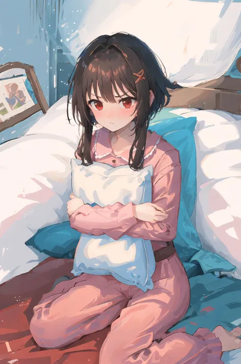 pillow hug, annoyed, barefoot, bed sheet, blush, embarrassed, face in pillow, furrowed brow, hugging object, nose blush, on bed,...