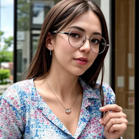 a close up of a woman wearing glasses and a blue shirt