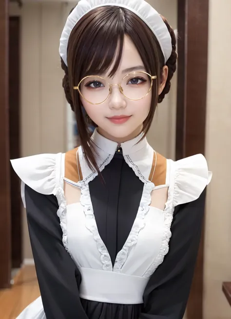 a woman in a maid outfit and glasses poses for a picture