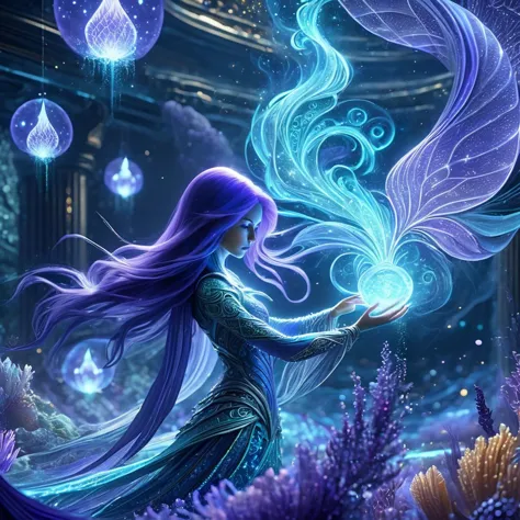 masterpiece, best quality, ultra_detailed, highres, absurdres, photography of 1girl, mage, aquamancer, mermaid, (colorful:1.3), ...