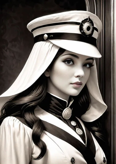 Hyperrealistic art 
a black and white classic artistic reproduction of a female beautifull Captain Nemo by Jules Verne, in the s...