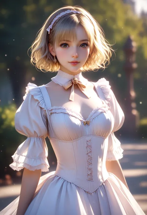 zPDXLrl,score_9, score_8_up, score_7_up, A hyper realistic ultra detailed photo of beautiful woman,
themed short hair ,
golden blonde  hair,
ultrarealistic, cute, petite body, perky boobs,
<lora:perfect-eyes:0.8> eyes, perfecteyes,
,
lower body  ,
looking at viewer,
amusement  ,
walking  ,
1900's Victorian Bustle Dress themed setting,  detailed and intricate environment, detailed outfit, 
hands hidden, dynamic weather,