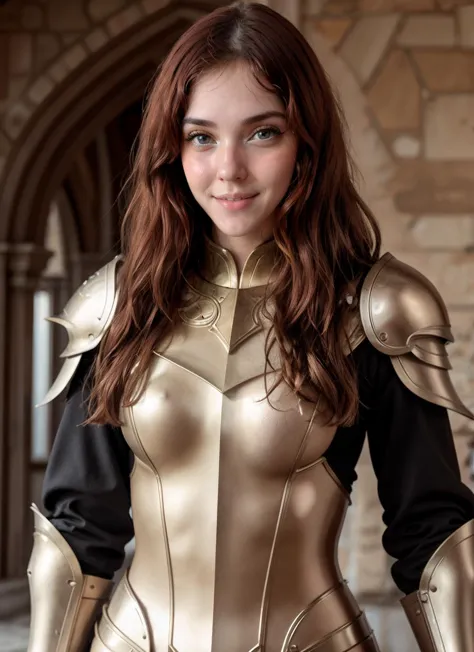 RAW Photo, DSLR, professional color graded, BREAK photograph of van1llal1nds woman, red hair, wearing golden paladin armor, in a...