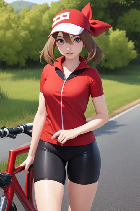 1girl,  character_pokemon_may, bike shorts, red shirt, red bandana,  <lora:SD15LoraCharacterPokemon_v2:0.3>, realistic, hyperrea...