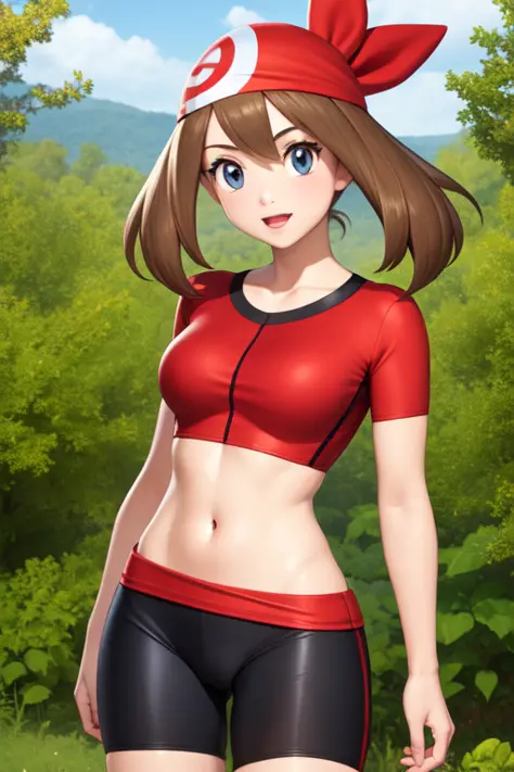 1girl,  character_pokemon_may, bike shorts, red shirt, red bandana, midriff, cameltoe  <lora:SD15LoraCharacterPokemon_v2:0.3>, realistic, hyperrealistic, masterpiece, highest quality, highly detailed, detailed face and eyes, official art, 8k
