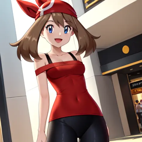 masterpiece, best quality, perfect lighting, character_Pokemon_May, red bandana, mall, ((t-shirt)), (((off-shoulders))), shoulder straps, black leggings, smiling <lora:character_pokemon_mayv3:0.5>