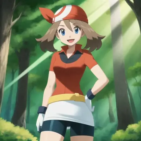 forest, light rays, 1girl, character_pokemon_may, solo, cowboy shot, standing, looking at viewer, smile, open mouth, hand on hip, hand on own thigh, bandana, shirt, skirt, bike shorts, gloves, fanny pack