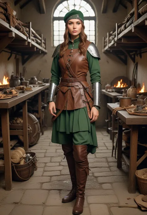 ((fashion photography)), perfect face, perfect eyes, (medium full shot) of  (bonnie medieval soldier) young woman, italian, gree...