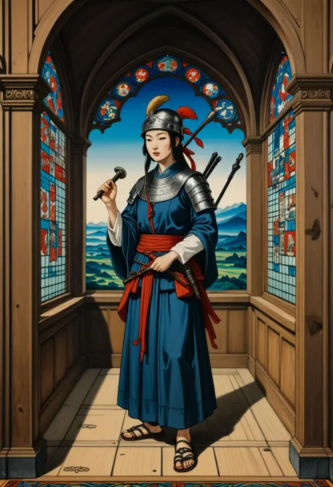 (horror painting by Utagawa Kuniyoshi) of a  medieval soldier woman,            wearing  Leather skullcap with feather plume, sleeveless tunic with crossbow insignia, linen pants, leather sandals, holding Arbalest           ,set in medieval era,  Chapel, Sacred space with stained glass windows, wooden pews for worshipers, flickering candles, a simple altar adorned with religious symbols, and a prayer rug in the corner , award winning, very aesthetic