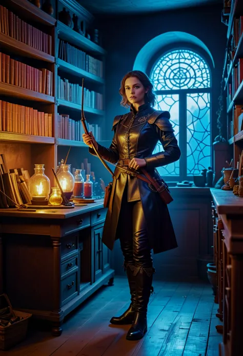 ( popart painting with bold colors and gradients in neon light by Andre Petrov) of a  medieval soldier woman,            wearing  Embossed leather doublet, linen shirt, woolen trousers, leather boots, holding Longbow and arrows           ,set in medieval era,  Alchemist Laboratory, Enigmatic, mystical room with bubbling beakers and smoking vials, shelves lined with arcane ingredients, ancient tomes chained to heavy desks, a pentagram inscribed on the floor, and the faint scent of exotic spices , at sunset, award winning, very aesthetic