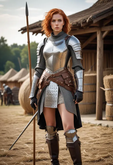 ((fashion photography)), perfect face, perfect eyes, (medium full shot) of  (attractive medieval soldier) young woman, south african, dark eyes, dark skin, dark skin, black eyes, slender, ginger hair,   knight, wearing Chainmail coif with metal studs, padded gambeson, steel breastplate, leather belt with pouches, steel greaves, leather boots, holding Steel mace with spiked flanges, set in medieval era,  Archery Range, Open space with targets set at varying distances, hay bales serving as backstops, a wooden pavilion for equipment storage, arrows scattered on the ground, and a line drawn for shooters to stand behind , surprised, open mouth, pointing her finger at the viewer, masterpiece, best quality, photorealistic, very aesthetic