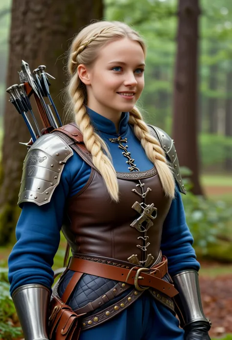 (medium full shot) of (supermodel young woman:1.1) medieval soldier, swedish with blonde hair in a braid, blue eyes, fair skin, ...