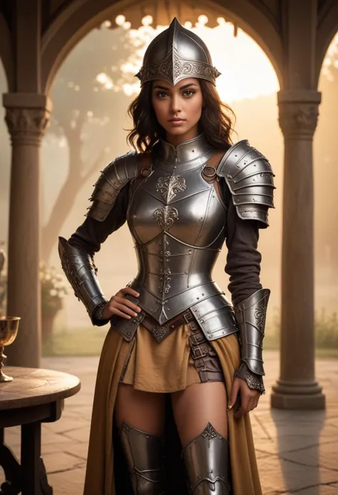 ((fashion photography)), perfect face, perfect eyes, (medium full shot) of  (sexy medieval soldier) young woman, brazilian, brown eyes, tan skin, tan skin, brown eyes, petite, dark hair,   knight, wearing Great helm with eye slits, surcoat with fleur-de-lis motif, articulated plate breastplate, leather gauntlets with metal accents, plate greaves, steel sabatons, holding Morningstar with iron spikes, set in medieval era,  Noble's Pavilion, Lavish tent adorned with silken curtains, plush cushions arranged in a circle, a table laden with delicacies and fine wines, servants standing ready to attend to the guests, and the sound of laughter and conversation filling the air , at sunset, surprised, open mouth, running toward the viewer, masterpiece, best quality, photorealistic, very aesthetic