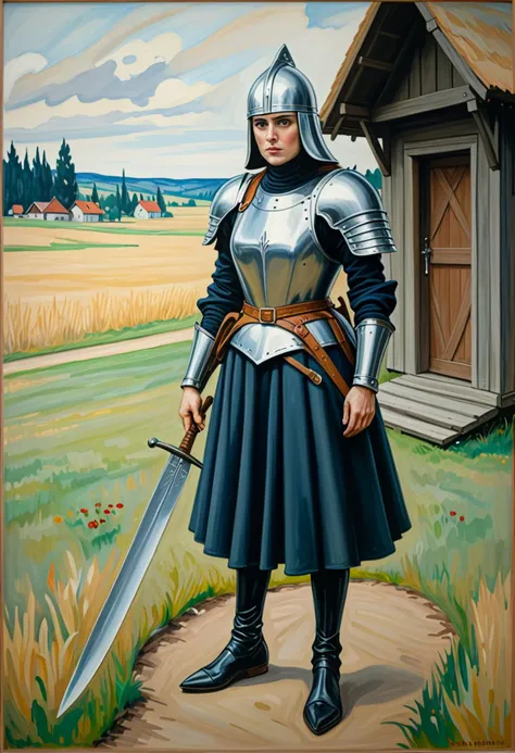 (haunting painting by Edvard Munch) of a  medieval soldier woman,            wearing  Steel bascinet helm with aventail, padded arming cap, riveted leather tunic, steel poleyns, holding Halberd with serrated blade and spiked butt           ,set in medieval era,  Archery Range, Open space with targets set at varying distances, hay bales serving as backstops, a wooden pavilion for equipment storage, arrows scattered on the ground, and a line drawn for shooters to stand behind , award winning, very aesthetic