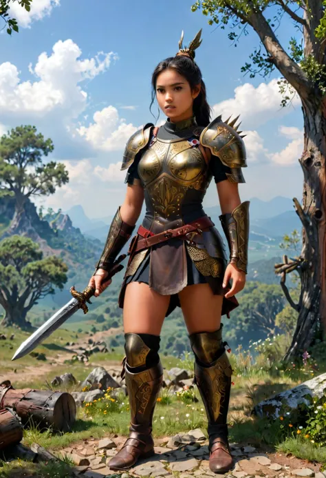 (abstract expressionist painting) of a   young woman medieval soldier, philippine with long dark hair tied in a bun, brown eyes, tan skin, medium build,           wearing  Barbute helm with riveted aventail, plate cuirass with intricate etchings, segmented plate pauldrons with embossed patterns, leather couters with metal spikes, articulated plate greaves, steel sabatons, wielding Flanged mace with spiked head, surprised, open mouth, running toward the viewer,  .set in medieval era,  Ranger's Outpost, sturdy wooden platform nestled among the branches, a simple table and chairs made from reclaimed wood, maps pinned to the walls, a telescope pointed towards the sky, and the distant call of woodland creatures , award winning, very aesthetic, extremely detailed face,