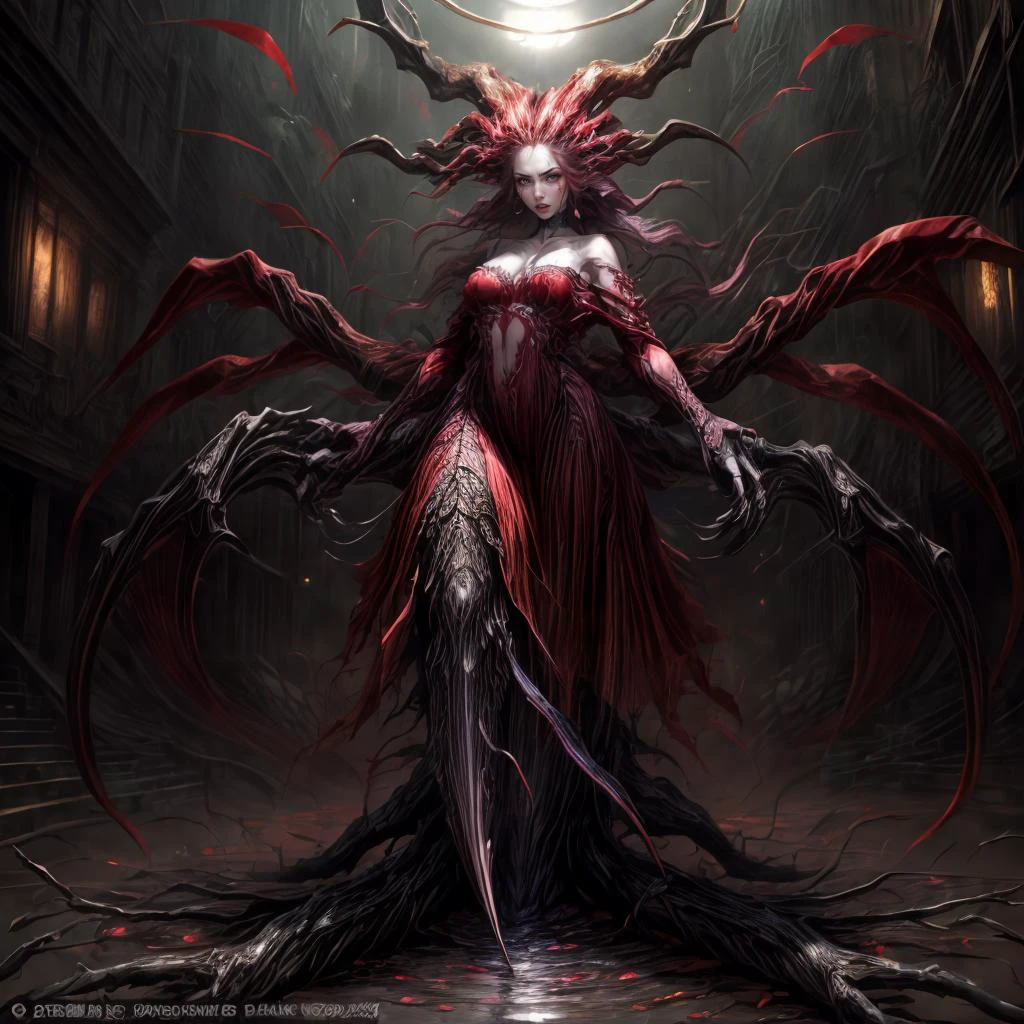 (establishing-shot:1.5), masterpiece, best quality, ((dark fantasy:1.2)), ((intricate)),1girl,solo, eve, pale skin, red dress, tail, long arms ,spiky hair,  claws, night time,  Hospital, melancholy, 