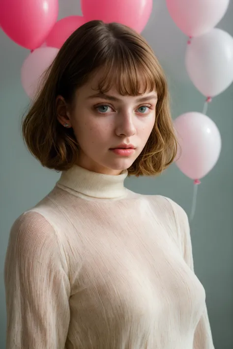 fashion portrait photo of beautiful young woman from the 60s wearing a red turtleneck standing in the middle of a ton of white balloons,shocked,epiCPhoto, realistic, photorealistic, epiCRealism