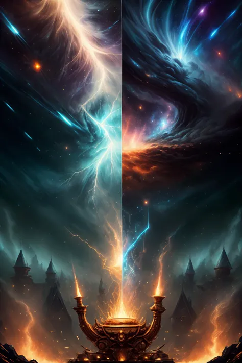 A breathtaking blend of Sebastien Hue's signature style and awe-inspiring sci-fi posters,showcasing an extravagant universe where intricate patterns form hypnotic constellations of light amidst swirling nebulae,<lora:ElementalMagicAIv2:1>,lightningmagicai ...