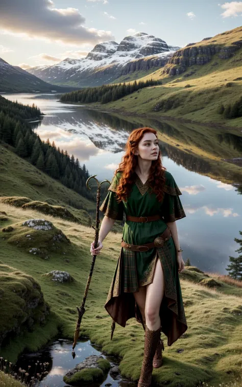 (style of Ilya Kuvshino, [OverallDetail:HairDetail fHandDetail SkinDetail :0.7]:1.2),  outdoor Scottish highlands, vivid sunset hues, fantasy setting. A striking redhead woman, (distinctly Scottish), wearing an elaborate elven inspired gown is a fusion of deep emerald green and earthy browns, with intricate Celtic knotwork embroidery in gold thread, Flowing sleeves, a fitted bodice+, short skirt , fiery red hair is styled in a cascade of loose curls, green eye, stands atop a grassy knoll, overlooking a misty loch. In her hands, she holds an ancient, rune carved staff, emanating a soft, other worldly glow.,