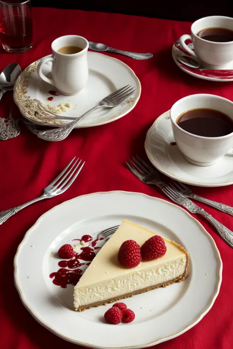 a piece of cheese cake with raspberry,white ceramic plate,dripping red juice,((bright theme)),(masterpiece),((ultra-detailed)),h...