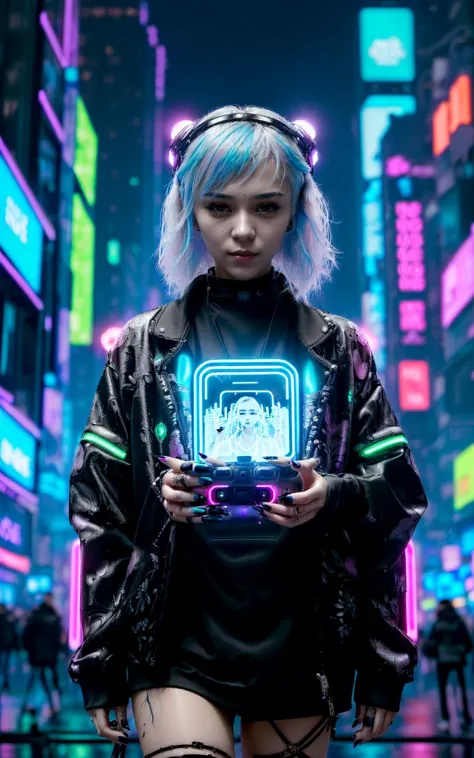 (style d&#39;Ilya Kuvshino, [GlobalDétail:HairDetail fHandDetail SkinDetail :0.7]:1.2),  Dans un paysage urbain cyberpunk, une femme aux cheveux fluo pirate l&#39;éther numérique, ses doigts dansent sur des interfaces holographiques, avec des drones qui bourdonnent.