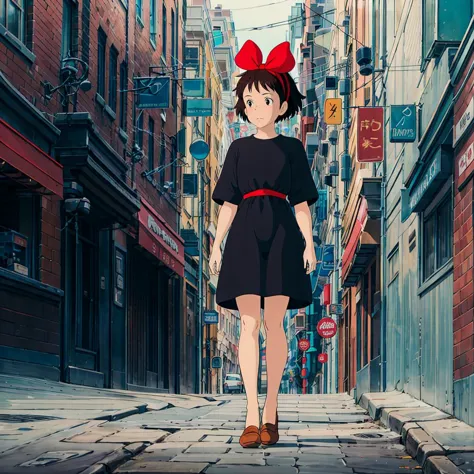 anime girl walking down a narrow alley with a red bow