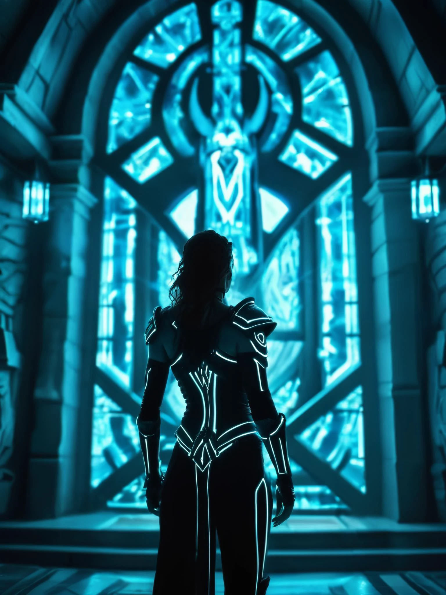 best quality, realistic, underwater, closeup, (world of warcraft style woman) in tron style house, epic angle, ancient civilization, magic weapon, cinematic film still