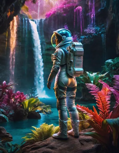 analog photography, female astronaut wearing a futuristic skintight sci-fi spacesuit standing on an alien planet looking at a lu...