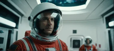 cinematic film still of  Cinematic Film stock footage in (arri alexa style) Kodak film print, a man in a red space suit standing...
