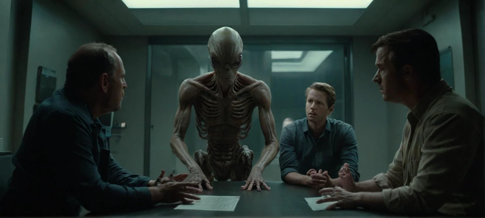 A cinematic film still of a 

syberart Create a tense and dramatic screenshot of a group of people being interrogated by an alien species, set in the year 2980. Use advanced lighting techniques to capture the mood and atmosphere of the scene, and incorporate elements of the interrogation room, such as harsh lighting and sterile surroundings, to add tension and fear. Utilize a 35mm camera and anamorphic lens to give the image a classic and cinematic feel, and use post-processing software like Lightroom to sharpen and enhance the details of the image. Use a professional camera brand like ARRI, Canon, Fuji, or Kodak to ensure impeccable image quality and realism.

