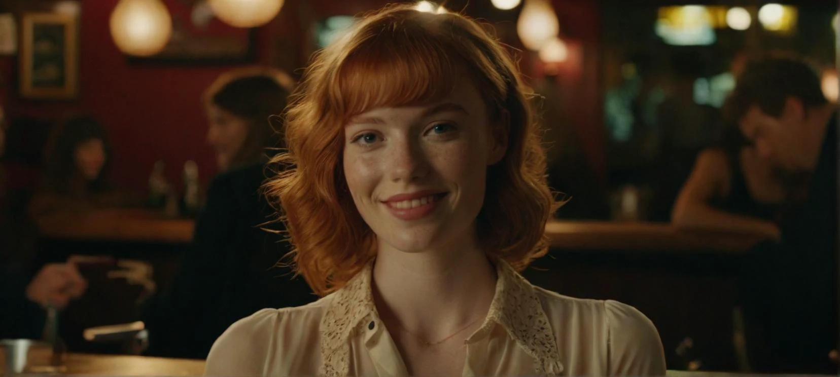 A cinematic film still of a 

a close up photo of a 20 year old french woman in a blouse at a bar, seductive smile, ginger hair, cinematic light, film still,