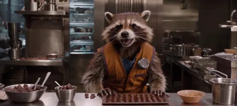 A cinematic film still of a 

film still of Rocket Racoon working as a chocolatier in the new Avengers movie,