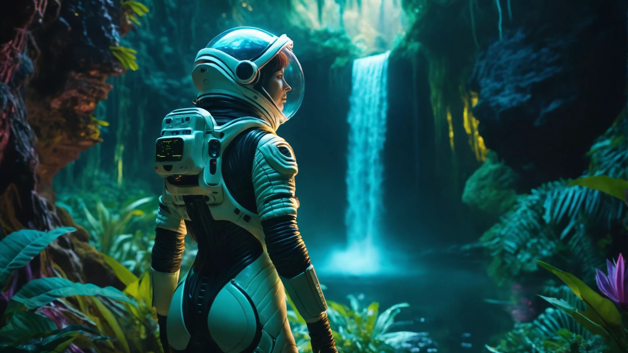 analog photography, female astronaut wearing a futuristic skintight sci-fi spacesuit standing on an alien planet looking at a lush, glowing bioluminescent alien landscape, large luminous plants, bioluminescent jungle, waterfall,  luminous flying animals, shot from behind , 8k resolution, highres, high detail, sharp focus, detailed skin,  8k uhd,  