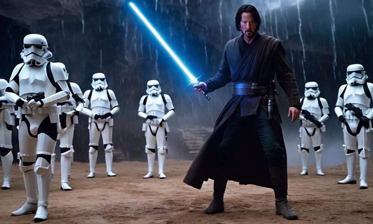 Keanu Reeves als Jedi in Star Wars im Kampf gegen die Sturmtruppen mit einem dunklen Säbel, IMAX-Qualität