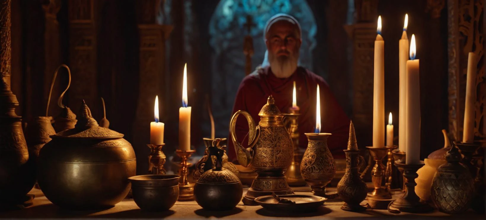 Una película cinematográfica que aún captura lo ornamentado., Implementos rituales utilizados por un miembro de un culto religioso., la luz parpadeante de las velas arroja un brillo de otro mundo sobre los objetos arcanos.

