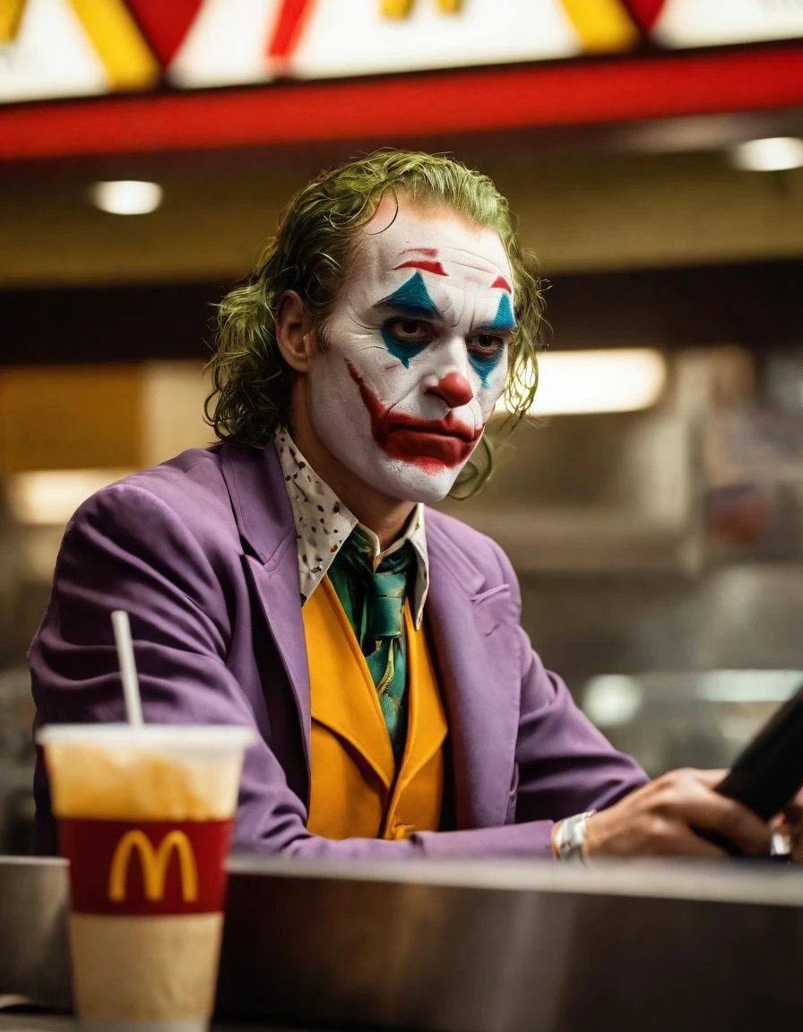 closeup film still cinestill of The joker working on McDonalds, epic, cinematic, closeup film still cinestill of The joker working on McDonalds, epic, cinematic, extremely detailed, very sharp, focus, shining, great light, coherent, symmetry, clear, crisp, artistic, appealing, pretty, inspiring, innocent, detail, intricate, amazing composition, enhanced color, vivid, beautiful, gorgeous, elegant, perfect, tailored, professional