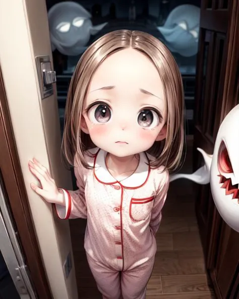 (masterpiece,best quality,ultra_detailed,highres,absurdres, dimly lit:1.2),
(scared to sleep alone:1.4), 
(front above view of chii being chased by evil ghosts looking up at viewer standing with arms behind her back in an open doorway at night:1.8),
(dark room with evil fierce scary ghost face in background:2.0),
(arms stretched out:1.4),
(chii:1.6),
(looking anxiously up at viewer, teary eyes, fearful expression, eye contact:1.8),
full body, upper body focus,
(view from above, pov from above:1.8),(girl in the center facing viewer:1.3), highly detailed, cute,lovely,
blush,brown hair, big brown eyes, medium hair, (parted bangs:1.2),(forehead:1.4),long sleeves,(wearing cute girly pajama:1.5),
