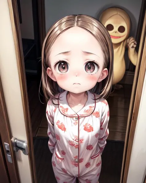 anime girl in pajamas standing in doorway with stuffed animal behind her