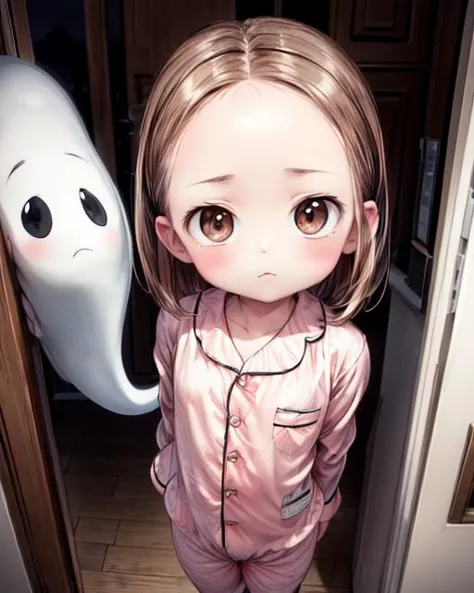 (masterpiece,best quality,ultra_detailed,highres,absurdres, dimly lit:1.2),
(scared to sleep alone:1.4), 
(front above view of chii looking up standing with arms behind her back in an open doorway at night:1.8),
(darkness with evil fierce ghosts in background:2.0),
(arms stretched out:1.4),
(chii:1.6),
(looking anxiously up at viewer, teary eyes, eye contact:1.6),
full body, upper body focus,
(view from above, pov from above:1.5),(girl in the center facing viewer:1.3), highly detailed, cute,lovely,
blush,brown hair, big brown eyes, medium hair, (parted bangs,forehead:1.2),long sleeves,(wearing cute girly pajama:1.5),
<lora:ScaredToSleepAlone:0.5> , <lora:chii:0.5>, <lora:add_detail:1.5>,