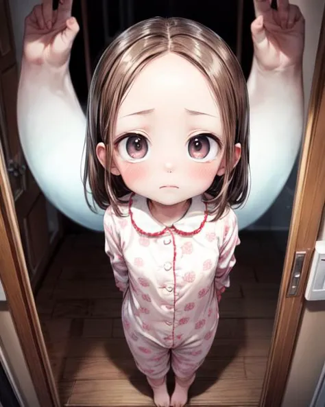 (masterpiece,best quality,ultra_detailed,highres,absurdres, dimly lit:1.2),
(scared to sleep alone:1.4), 
(front above view of chii being chased by evil ghost faces looking up at viewer standing with arms behind her back in an open doorway at night:1.8),
(dark room with evil fierce scary ghost faces behind girl:2.0),
(arms stretched out:1.4),
(chii:1.6),
(looking anxiously up at viewer, teary eyes, fearful expression, eye contact:1.8),
full body, upper body focus,
(view from above, pov from above:1.8),(girl in the center facing viewer:1.3), highly detailed, (cute,lovely,adorable:1.2),
blush,brown hair, big brown eyes, medium hair, (parted bangs:1.2),(forehead:1.5),long sleeves,(wearing cute girly childish pajama:1.5),
<lora:ScaredToSleepAlone:0.5> , <lora:chii:0.5>, <lora:add_detail:1.5>,