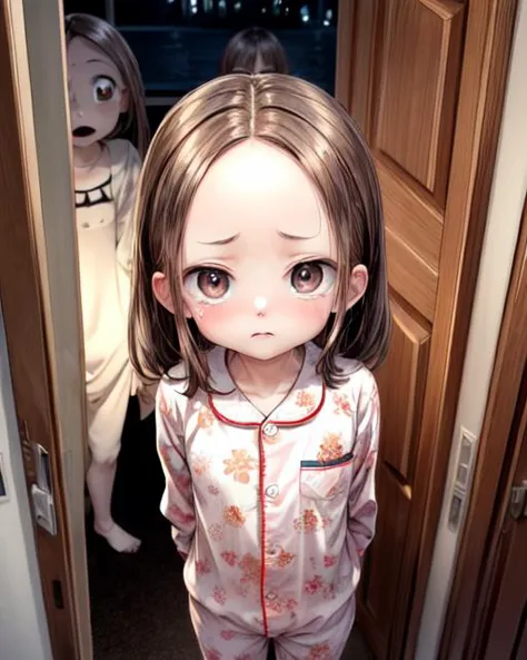 (masterpiece,best quality,ultra_detailed,highres,absurdres, dimly lit:1.2),
(horror movie theme:1.6),
(scared to sleep alone:1.4), 
(front above view of chii looking up at viewer standing with arms behind her back in an open doorway at night being chased by an evil ghost faces:2.0),
(darkness with evil fierce scary ghost faces behind girl:2.0),
(arms stretched out:1.4),
(chii,cute,lovely,adorable:1.6),
(looking anxiously up at viewer, very teary eyes, fearful expression, eye contact:1.8),
full body, upper body focus,
(view from above, pov from above:2.0),(girl in the center facing viewer:1.3), highly detailed,
blush,brown hair, big brown eyes, medium hair, (parted bangs:1.2),(forehead:1.8),long sleeves,(wearing cute girly pajama:1.5),
<lora:ScaredToSleepAlone:0.5> , <lora:chii:0.5>, <lora:add_detail:1.5>,