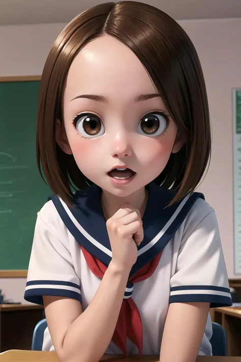 a close up of a cartoon girl sitting at a desk with a blackboard