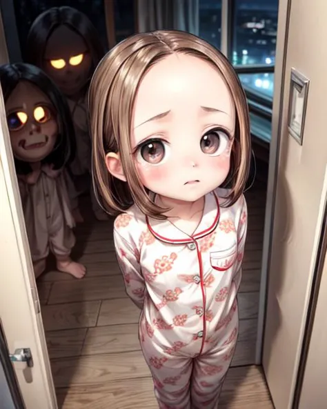 (masterpiece,best quality,ultra_detailed,highres,absurdres, dimly lit:1.2),
(horror movie theme:1.6),
(scared to sleep alone:1.4), 
(front above view of chii looking up at viewer standing with arms behind her back in an open doorway at night being chased by an evil ghost faces:2.0),
(darkness with evil fierce scary ghost faces behind girl:2.0),
(arms stretched out:1.4),
(chii,cute,lovely,adorable:1.6),
(looking anxiously up at viewer, very teary eyes, fearful expression, eye contact:1.8),
full body, upper body focus,
(view from above, pov from above:2.0),(girl in the center facing viewer:1.3), highly detailed,
blush,brown hair, big brown eyes, medium hair, (parted bangs:1.2),(forehead:1.8),long sleeves,(wearing cute girly pajama:1.5),
<lora:ScaredToSleepAlone:0.5> , <lora:chii:0.5>, <lora:add_detail:1.5>,