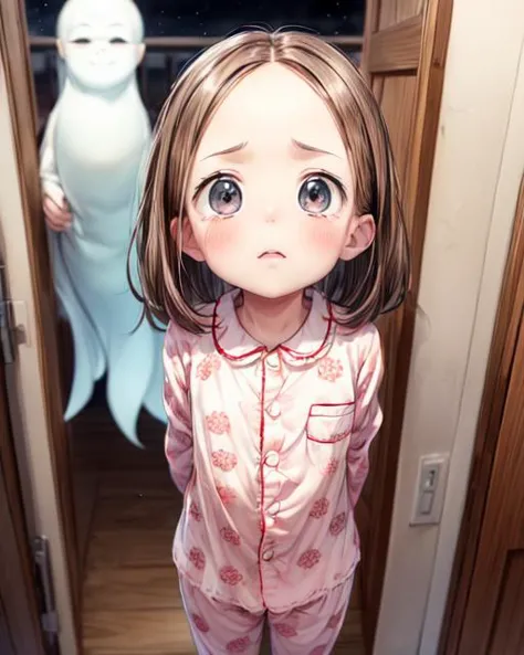 (masterpiece,best quality,ultra_detailed,highres,absurdres, dimly lit:1.2),
(scared to sleep alone:1.4), 
(front above view of chii looking up at viewer standing with arms behind her back in an open doorway at night being chased by an evil ghost faces:2.0),
(very dark room with evil fierce scary ghost faces behind girl:2.0),
(arms stretched out:1.4),
(chii:1.6),
(looking anxiously up at viewer, very teary eyes, fearful expression, eye contact:1.8),
full body, upper body focus,
(view from above, pov from above:1.8),(girl in the center facing viewer:1.3), highly detailed, (cute,lovely,adorable:1.2),
blush,brown hair, big brown eyes, medium hair, (parted bangs:1.2),(forehead:1.5),long sleeves,(wearing cute girly childish pajama:1.5),
<lora:ScaredToSleepAlone:0.5> , <lora:chii:0.5>, <lora:add_detail:1.5>,