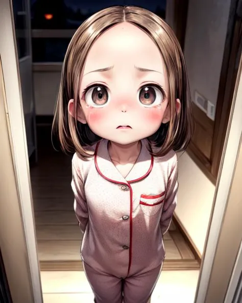 (masterpiece,best quality,ultra_detailed,highres,absurdres, dimly lit:1.2),
(horror movie theme:1.6),
(scared to sleep alone:1.4), 
(front above view of chii looking up at viewer standing with arms behind her back in an open doorway at night being chased by an evil ghost faces:2.0),
(darkness with evil fierce scary ghost faces behind girl:2.0),
(arms stretched out:1.4),
(chii,cute,lovely,adorable:1.6),
(looking anxiously up at viewer, very teary eyes, fearful expression, eye contact:1.8),
full body, upper body focus,
(view from above, pov from above:2.0),(girl in the center facing viewer:1.3), highly detailed,
blush,brown hair, big brown eyes, medium hair, (parted bangs:1.2),(forehead:1.8),long sleeves,(wearing cute girly pajama:1.5),
<lora:ScaredToSleepAlone:0.5> , <lora:chii:0.5>, <lora:add_detail:1.5>,