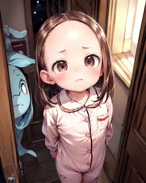 anime girl in pink pajamas standing in doorway with a blue fish